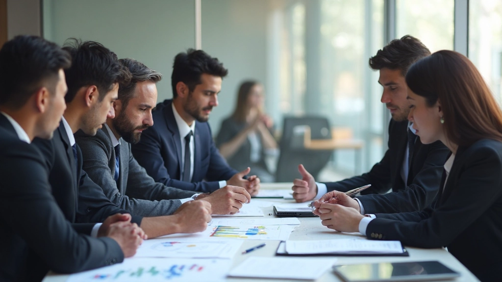 Equipo de asesores analizando datos empresariales en reunión de trabajo