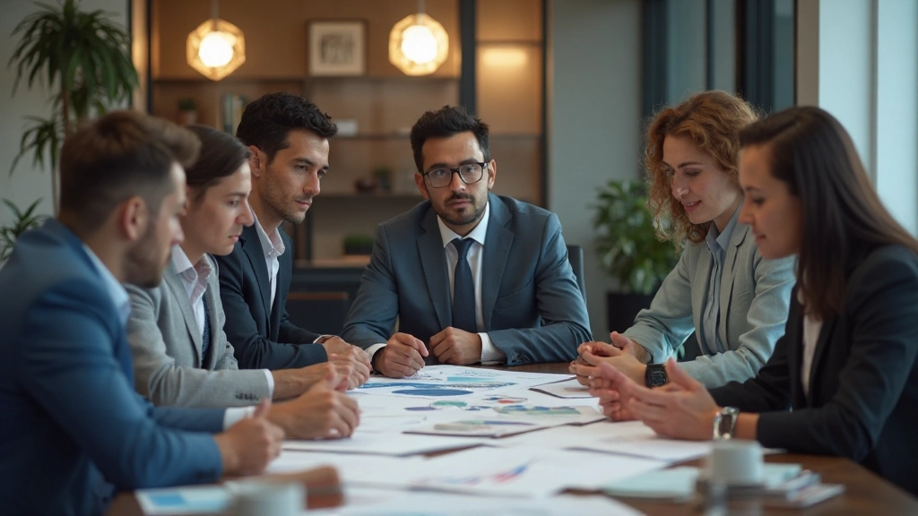 Equipo de consultores analizando opciones de inversión inmobiliaria alrededor de una mesa de reuniones