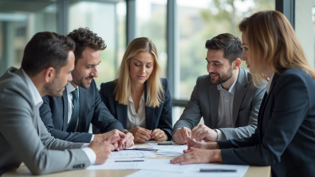 Equipo de gestión inmobiliaria discutiendo estrategias en reunión profesional con documentos y análisis de mercado