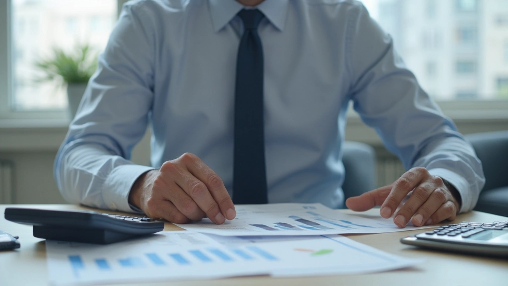 Documentos financieros y calculadora en escritorio de asesor inmobiliario