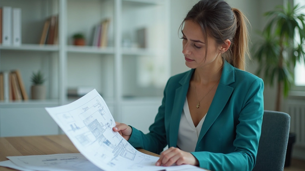Consultora inmobiliaria revisando planos y documentación de propiedades en oficina