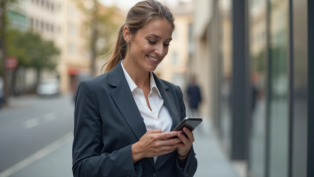 Profesional utilizando aplicación móvil para consultas inmobiliarias en la calle