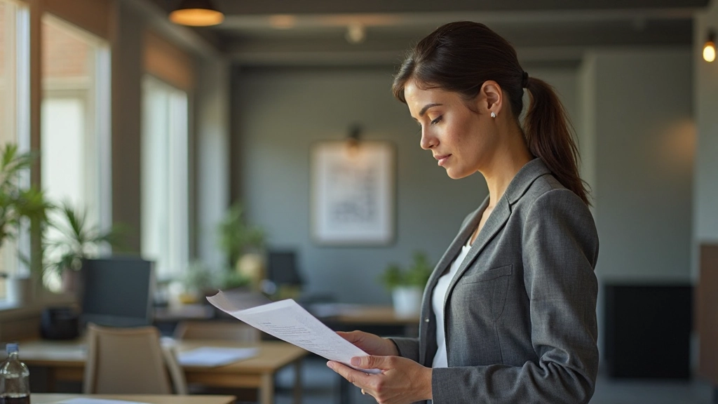 Profesional analizando contrato de arrendamiento comercial en oficina contemporánea